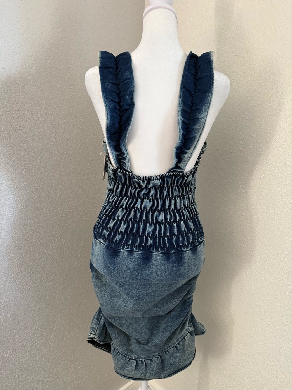 Acid Wash Denim Ruched Corset Ruffle Bodycon Mini Dress One Size NWT - Picture 4 of 8